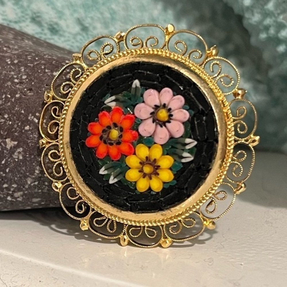Vintage Italian Micro Mosaic Floral Gold Plated Filigree Brooch Pin
